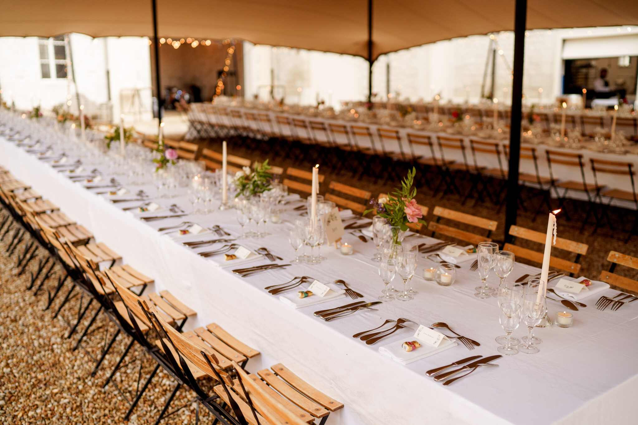 Elegant wedding tent at sunset